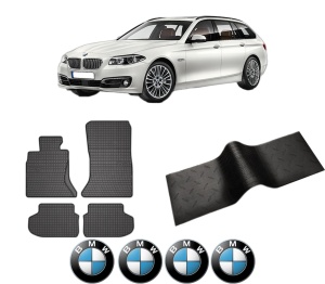 Set 5 covorase auto BMW Seria 5 Touring (F11) din 2014-2019, cu covoras tunel median, presuri auto din cauciuc, 4x Stickere auto cu BMW - Img 2