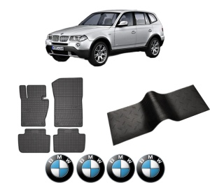 Set 5 covorase auto BMW Seria X3 (E83) din 2010-2015, cu covoras tunel median, presuri auto din cauciuc, 4x Stickere auto cu BMW - Img 2