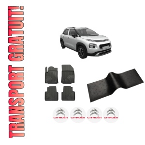 Set 5 covorase auto CITROEN C3 AIRCROSS II (2R_, 2C_) din 2019-2021, cu covoras tunel median, presuri auto din cauciuc, 4x Stickere auto cu CITROEN