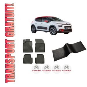 Set 5 covorase auto CITROEN C3 III (SX) din 2019-2023, cu covoras tunel median, presuri auto din cauciuc, 4x Stickere auto cu CITROEN