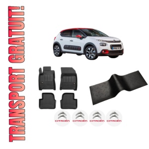 Set 5 covorase auto CITROEN C3 III (SX) din 2019-2023, cu covoras tunel median, presuri auto din cauciuc, 4x Stickere auto cu CITROEN