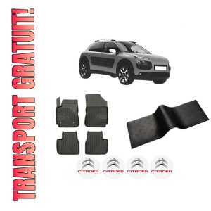 Set 5 covorase auto CITROEN C4 CACTUS din 2014-2024, cu covoras tunel median, presuri auto din cauciuc, 4x Stickere auto cu CITROEN