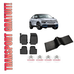 Set 5 covorase auto CITROEN C4 III (BA_, BB_, BC_) din 2012-2020, cu covoras tunel median, presuri auto din cauciuc, 4x Stickere auto cu CITROEN