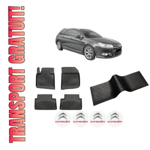 Set 5 covorase auto CITROEN C5 III Break (RW_) din 2010-2018, cu covoras tunel median, presuri auto din cauciuc, 4x Stickere auto cu CITROEN