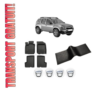 Set 5 covorase auto DACIA DUSTER (HS_) din 2010-2018, cu covoras tunel median, presuri auto din cauciuc, 4x Stickere auto cu DACIA
