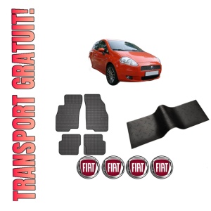 Set 5 covorase auto FIAT PUNTO (199_) din 2013-2019, cu covoras tunel median, presuri auto din cauciuc, 4x Stickere auto cu FIAT