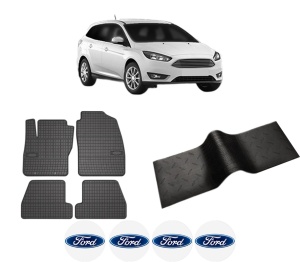 Set 5 covorase auto FORD FOCUS III Estate Van din 2014-2019, cu covoras tunel median, presuri auto din cauciuc, 4x Stickere auto cu FORD - Img 2