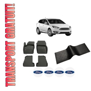 Set 5 covorase auto FORD FOCUS III Estate Van din 2014-2019, cu covoras tunel median, presuri auto din cauciuc, 4x Stickere auto cu FORD