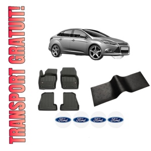 Set 5 covorase auto FORD FOCUS III Saloon din 2017-2023, cu covoras tunel median, presuri auto din cauciuc, 4x Stickere auto cu FORD