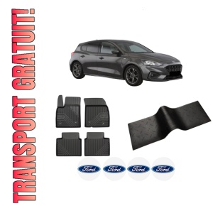 Set 5 covorase auto FORD FOCUS IV (HN) din 2008-2017, cu covoras tunel median, presuri auto din cauciuc, 4x Stickere auto cu FORD