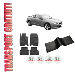 Set 5 covorase auto HONDA ACCORD VIII (CP) din 2007-2014, cu covoras tunel median, presuri auto din cauciuc, 4x Stickere auto cu HONDA