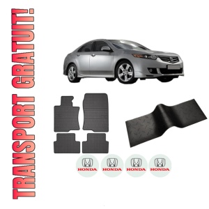 Set 5 covorase auto HONDA ACCORD VIII (CU) din 2012-2022, cu covoras tunel median, presuri auto din cauciuc, 4x Stickere auto cu HONDA