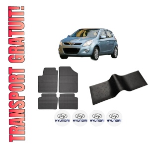 Set 5 covorase auto HYUNDAI i20 I (PB, PBT) din 2013-2022, cu covoras tunel median, presuri auto din cauciuc, 4x Stickere auto cu HYUNDAI