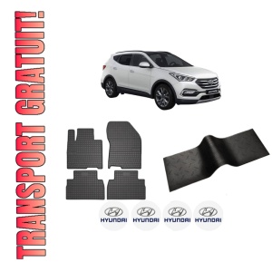 Set 5 covorase auto HYUNDAI SANTA FE IV SUV Van (TM) din 2011-2018, cu covoras tunel median, presuri auto din cauciuc, 4x Stickere auto cu HYUNDAI