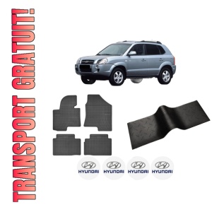 Set 5 covorase auto HYUNDAI TUCSON (JM) din 2007-2018, cu covoras tunel median, presuri auto din cauciuc, 4x Stickere auto cu HYUNDAI