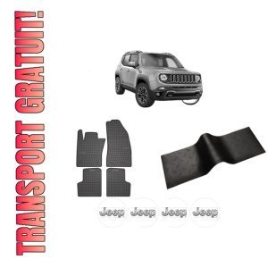 Set 5 covorase auto JEEP RENEGADE SUV (BU, B1, BV) din 2018-2024, cu covoras tunel median, presuri auto din cauciuc, 4x Stickere auto cu JEEP