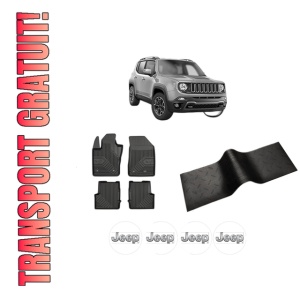 Set 5 covorase auto JEEP RENEGADE SUV (BU, B1, BV) din 2018-2024, cu covoras tunel median, presuri auto din cauciuc, 4x Stickere auto cu JEEP