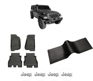 Set 5 covorase auto JEEP WRANGLER IV (JL) din 2013-2018, cu covoras tunel median, presuri auto din cauciuc, 4x Stickere auto cu JEEP - Img 2
