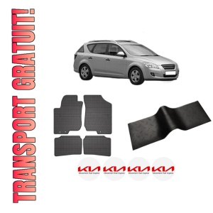 Set 5 covorase auto KIA CEE'D SW (ED) din 2003-2010, cu covoras tunel median, presuri auto din cauciuc, 4x Stickere auto cu KIA
