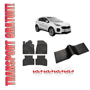 Set 5 covorase auto KIA SPORTAGE IV VAN (QL, QLE) din 2018-2023, cu covoras tunel median, presuri auto din cauciuc, 4x Stickere auto cu KIA