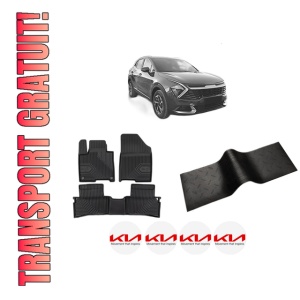Set 5 covorase auto KIA SPORTAGE V (NQ5) din 2011-2017, cu covoras tunel median, presuri auto din cauciuc, 4x Stickere auto cu KIA