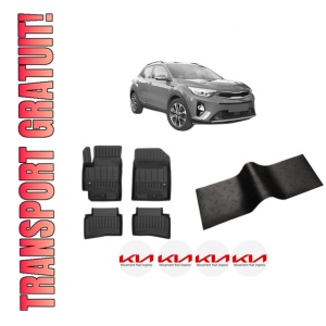 Set 5 covorase auto KIA STONIC (YB) din 2007-2015, cu covoras tunel median, presuri auto din cauciuc, 4x Stickere auto cu KIA