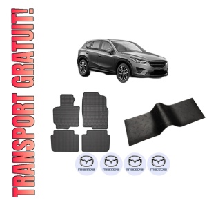 Set 5 covorase auto MAZDA CX-5 (KE, GH) din 2016-2019, cu covoras tunel median, presuri auto din cauciuc, 4x Stickere auto cu MAZDA