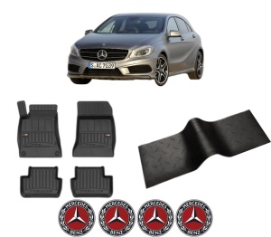 Set 5 covorase auto MERCEDES-BENZ A-CLASS (W176) din 2001-2005, cu covoras tunel median, presuri auto din cauciuc, 4x Stickere auto cu MERCEDES-BENZ - Img 2