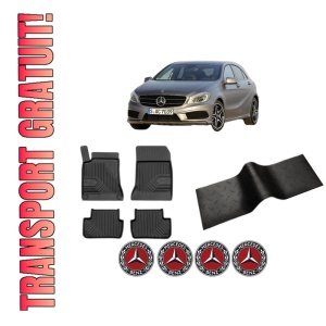 Set 5 covorase auto MERCEDES-BENZ A-CLASS (W176) din 2001-2005, cu covoras tunel median, presuri auto din cauciuc, 4x Stickere auto cu MERCEDES-BENZ