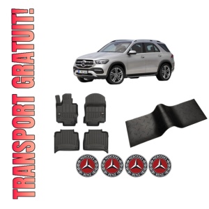 Set 5 covorase auto MERCEDES-BENZ GLE (V167) din 2006-2014, cu covoras tunel median, presuri auto din cauciuc, 4x Stickere auto cu MERCEDES-BENZ