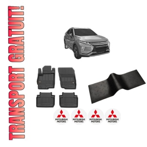 Set 5 covorase auto MITSUBISHI ECLIPSE CROSS (GK_, GL_) din 2006-2015, cu covoras tunel median, presuri auto din cauciuc, 4x Stickere auto cu MITSUBISHI
