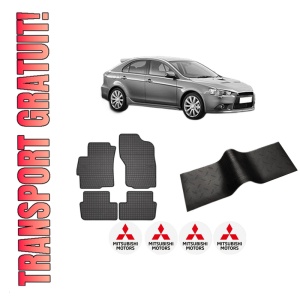 Set 5 covorase auto MITSUBISHI LANCER VIII Sportback (CX_A) din 2018-2023, cu covoras tunel median, presuri auto din cauciuc, 4x Stickere auto cu MITSUBISHI