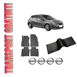 Set 5 covorase auto NISSAN PULSAR Hatchback (C13) din 2004-2013, cu covoras tunel median, presuri auto din cauciuc, 4x Stickere auto cu NISSAN