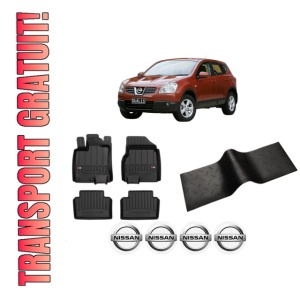 Set 5 covorase auto NISSAN QASHQAI I (J10, NJ10) din 2006-2015, cu covoras tunel median, presuri auto din cauciuc, 4x Stickere auto cu NISSAN