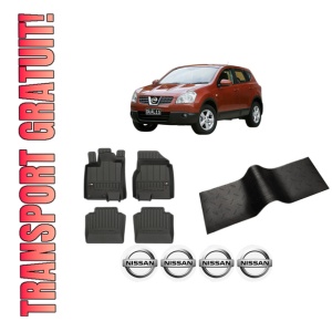 Set 5 covorase auto NISSAN QASHQAI I (J10, NJ10) din 2006-2015, cu covoras tunel median, presuri auto din cauciuc, 4x Stickere auto cu NISSAN