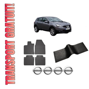 Set 5 covorase auto NISSAN QASHQAI I VAN (J10) din 2012-2019, cu covoras tunel median, presuri auto din cauciuc, 4x Stickere auto cu NISSAN