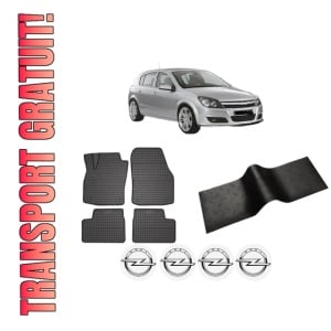 Set 5 covorase auto OPEL ASTRA H (A04) din 2020-2024, cu covoras tunel median, presuri auto din cauciuc, 4x Stickere auto cu OPEL
