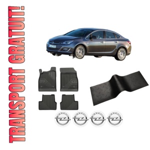 Set 5 covorase auto OPEL ASTRA J Saloon din 2018-2024, cu covoras tunel median, presuri auto din cauciuc, 4x Stickere auto cu OPEL