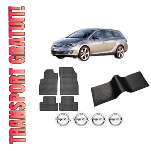 Set 5 covorase auto OPEL ASTRA J Sports Tourer (P10) din 2016-2021, cu covoras tunel median, presuri auto din cauciuc, 4x Stickere auto cu OPEL