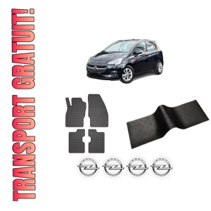 Set 5 covorase auto OPEL CORSA E Hatchback Van (X15) din 2006-2014, cu covoras tunel median, presuri auto din cauciuc, 4x Stickere auto cu OPEL