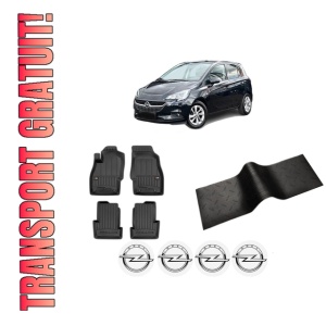 Set 5 covorase auto OPEL CORSA E (X15) din 1997-2007, cu covoras tunel median, presuri auto din cauciuc, 4x Stickere auto cu OPEL