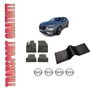 Set 5 covorase auto OPEL GRANDLAND / GRANDLAND X (A18, P1UO) din 2008-2018, cu covoras tunel median, presuri auto din cauciuc, 4x Stickere auto cu OPEL