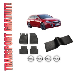 Set 5 covorase auto OPEL INSIGNIA A Country Tourer (G09) din 2004-2011, cu covoras tunel median, presuri auto din cauciuc, 4x Stickere auto cu OPEL
