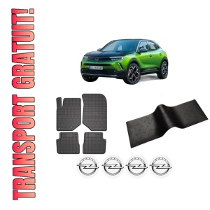 Set 5 covorase auto OPEL MOKKA din 2016-2021, cu covoras tunel median, presuri auto din cauciuc, 4x Stickere auto cu OPEL