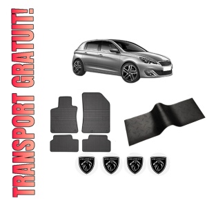 Set 5 covorase auto PEUGEOT 308 II (LB_, LP_, LW_, LH_, L3_) din 2012-2020, cu covoras tunel median, presuri auto din cauciuc, 4x Stickere auto cu PEUGEOT
