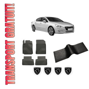 Set 5 covorase auto PEUGEOT 508 I (8D_) din 2008-2018, cu covoras tunel median, presuri auto din cauciuc, 4x Stickere auto cu PEUGEOT