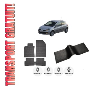 Set 5 covorase auto RENAULT CLIO III (BR0/1, CR0/1) din 2012-2020, cu covoras tunel median, presuri auto din cauciuc, 4x Stickere auto cu RENAULT