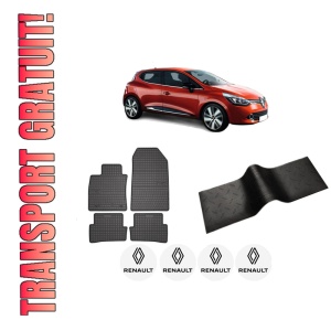 Set 5 covorase auto RENAULT CLIO IV Grandtour (KH_) din 2017-2022, cu covoras tunel median, presuri auto din cauciuc, 4x Stickere auto cu RENAULT