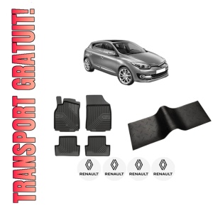 Set 5 covorase auto RENAULT MEGANE III Hatchback (BZ0/1_, B3_) din 2009-2017, cu covoras tunel median, presuri auto din cauciuc, 4x Stickere auto cu RENAULT