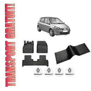 Set 5 covorase auto RENAULT SCENIC III (JZ0/1_) din 2009-2018, cu covoras tunel median, presuri auto din cauciuc, 4x Stickere auto cu RENAULT